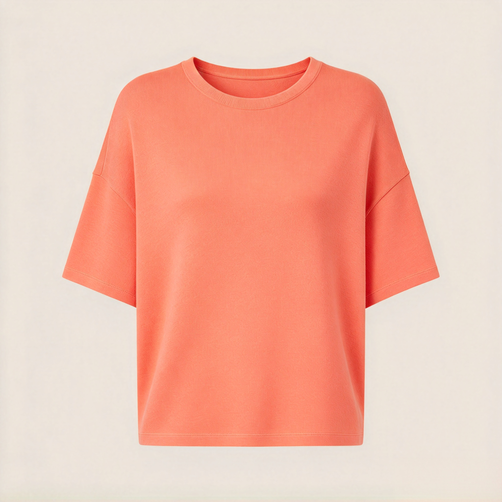 Women's Coral Orange Oversized Knit Top - Drop Shoulder Short Sleeve Sweater Tee