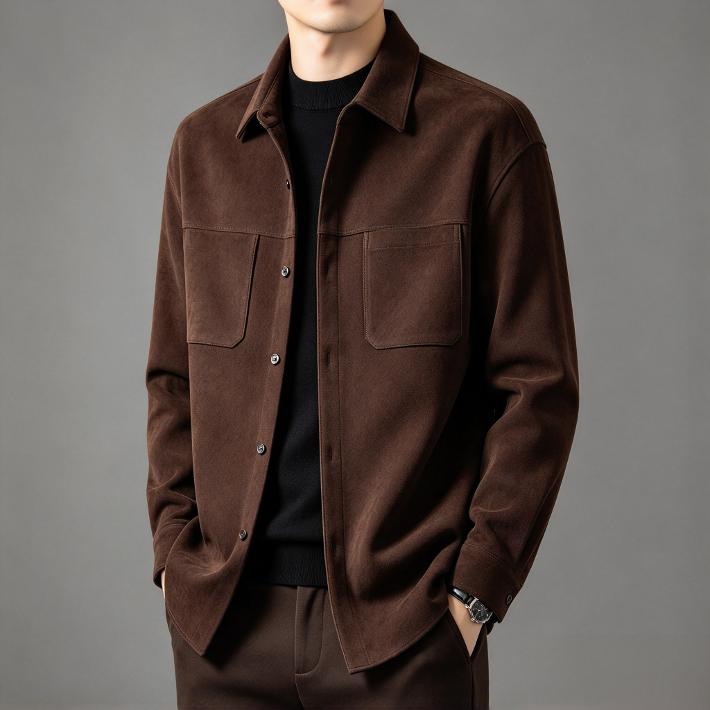 Men's Brown Suede-Look Shirt Jacket - Chest Pocket Button Front Overshirt
