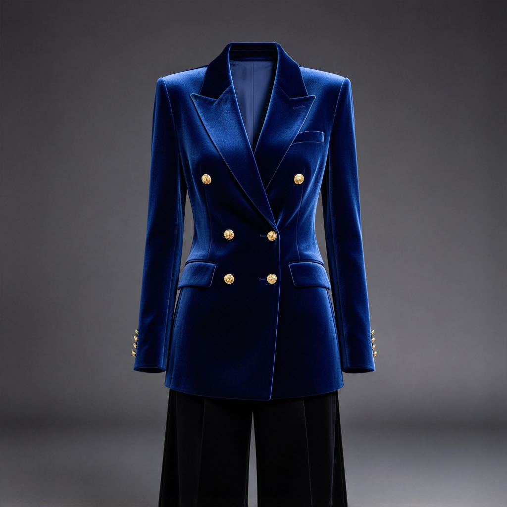 Women's Royal Blue Velvet Double-Breasted Blazer - Gold Button Tailored Jacket