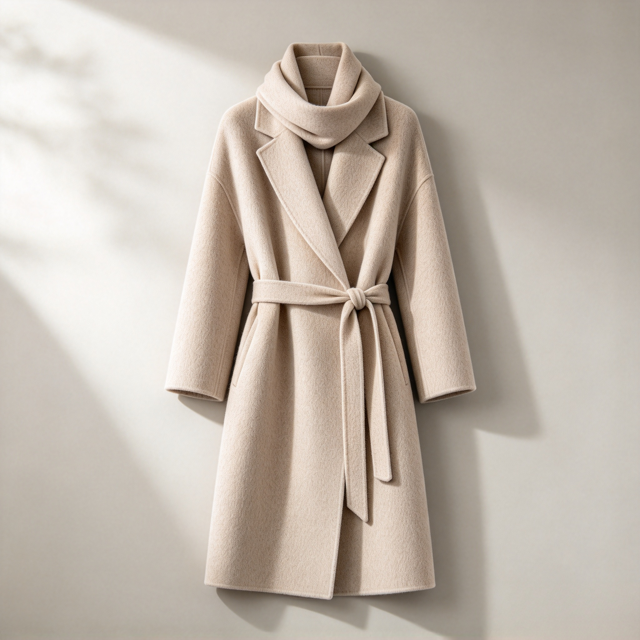 Women's Camel Beige Belted Wrap Coat - Long Wool-Blend Coat with Tie Waist