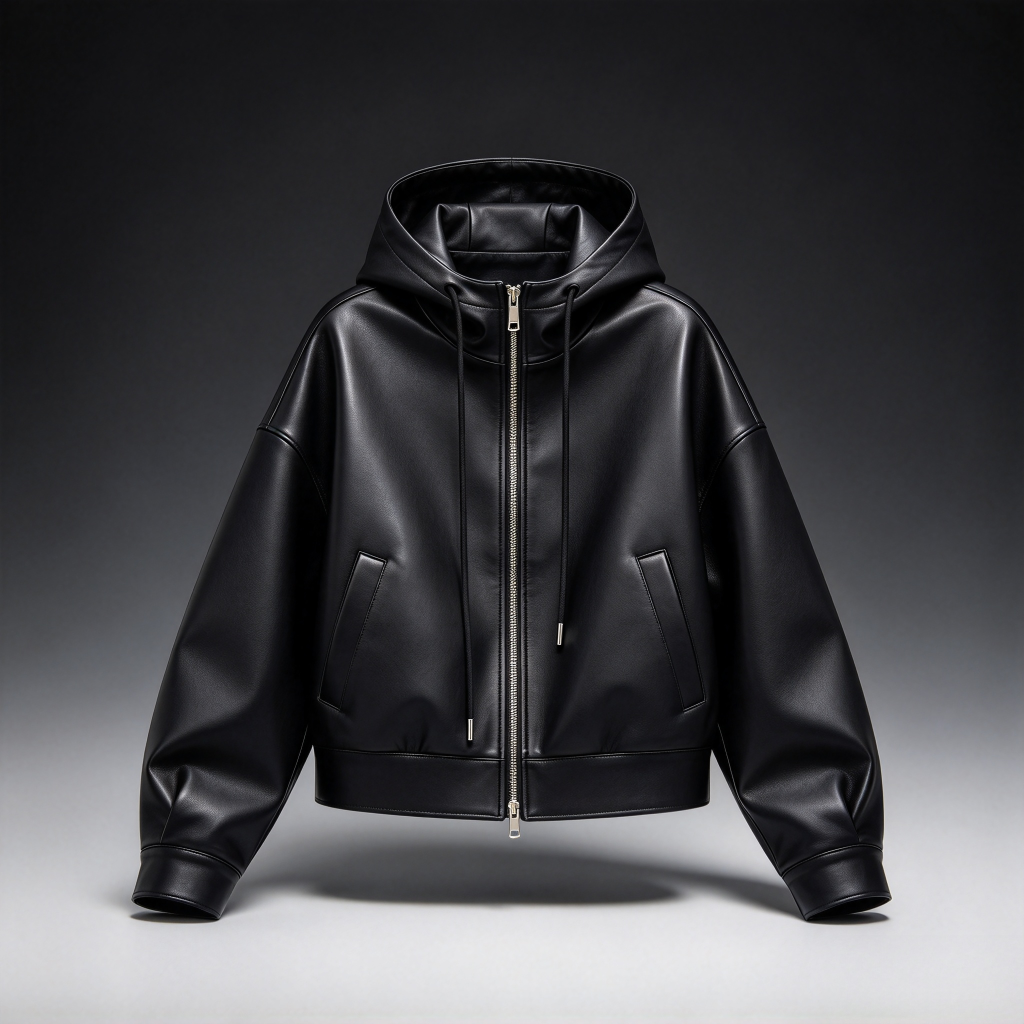 Women's Black Faux Leather Hooded Jacket - Zip-Up Cropped Moto Jacket