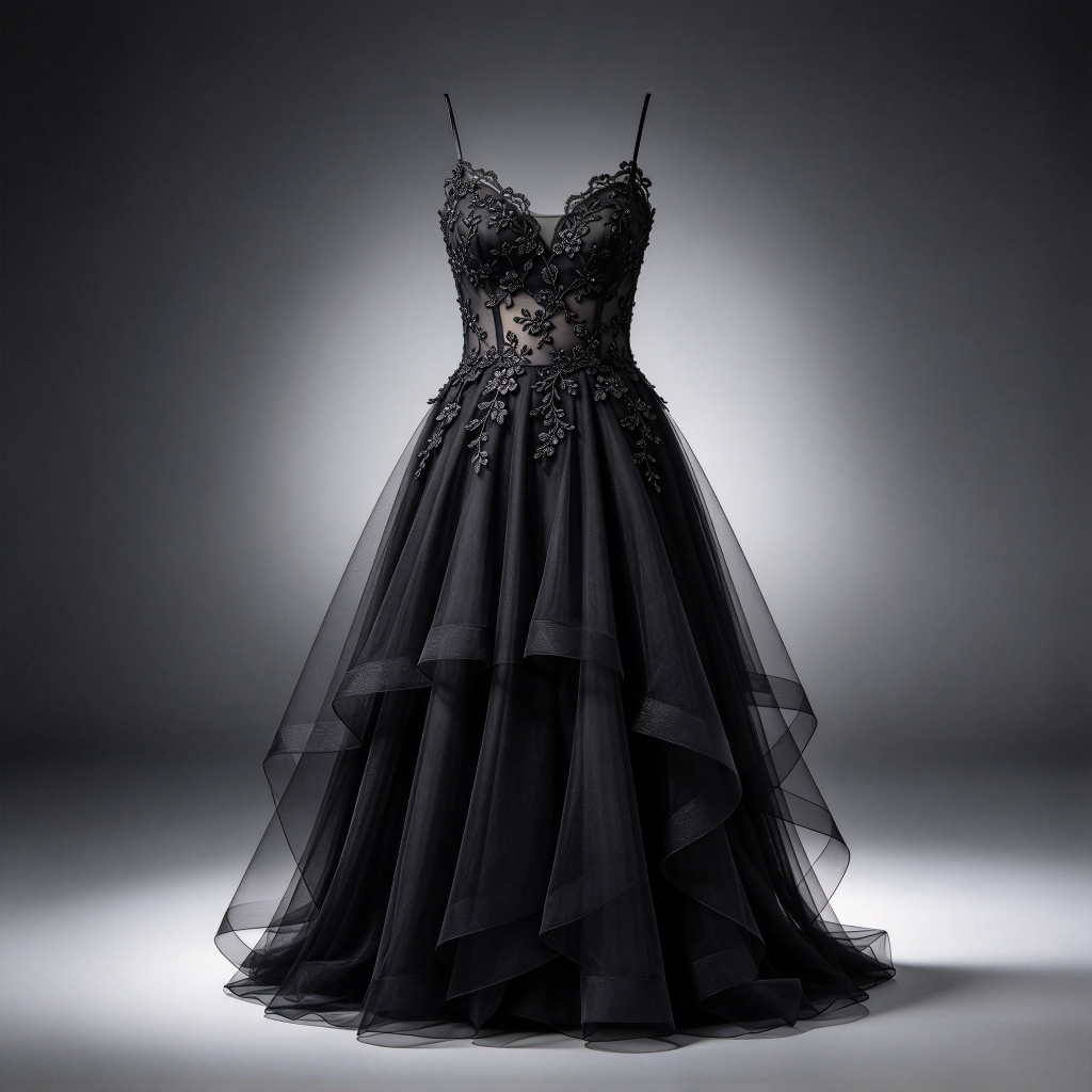Women's Black Lace Tulle Evening Gown - Corset Bodice High-Low Prom Dress