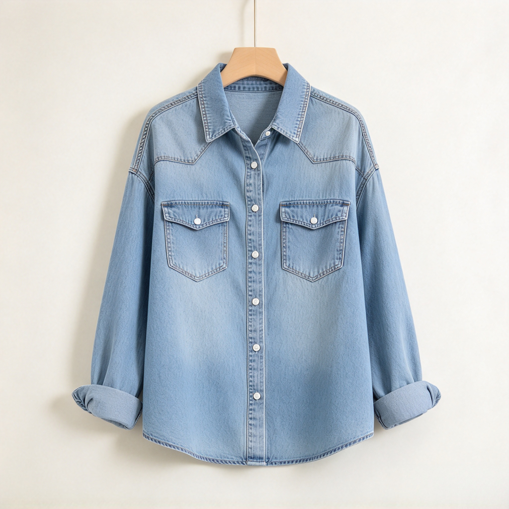 Women's Light Wash Denim Shirt Jacket - Western Snap Button Oversized Denim Top