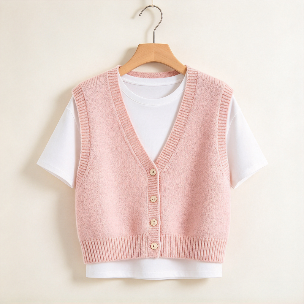 Women's Pink Knit Cropped Vest - V-Neck Button Sweater Vest Cardigan