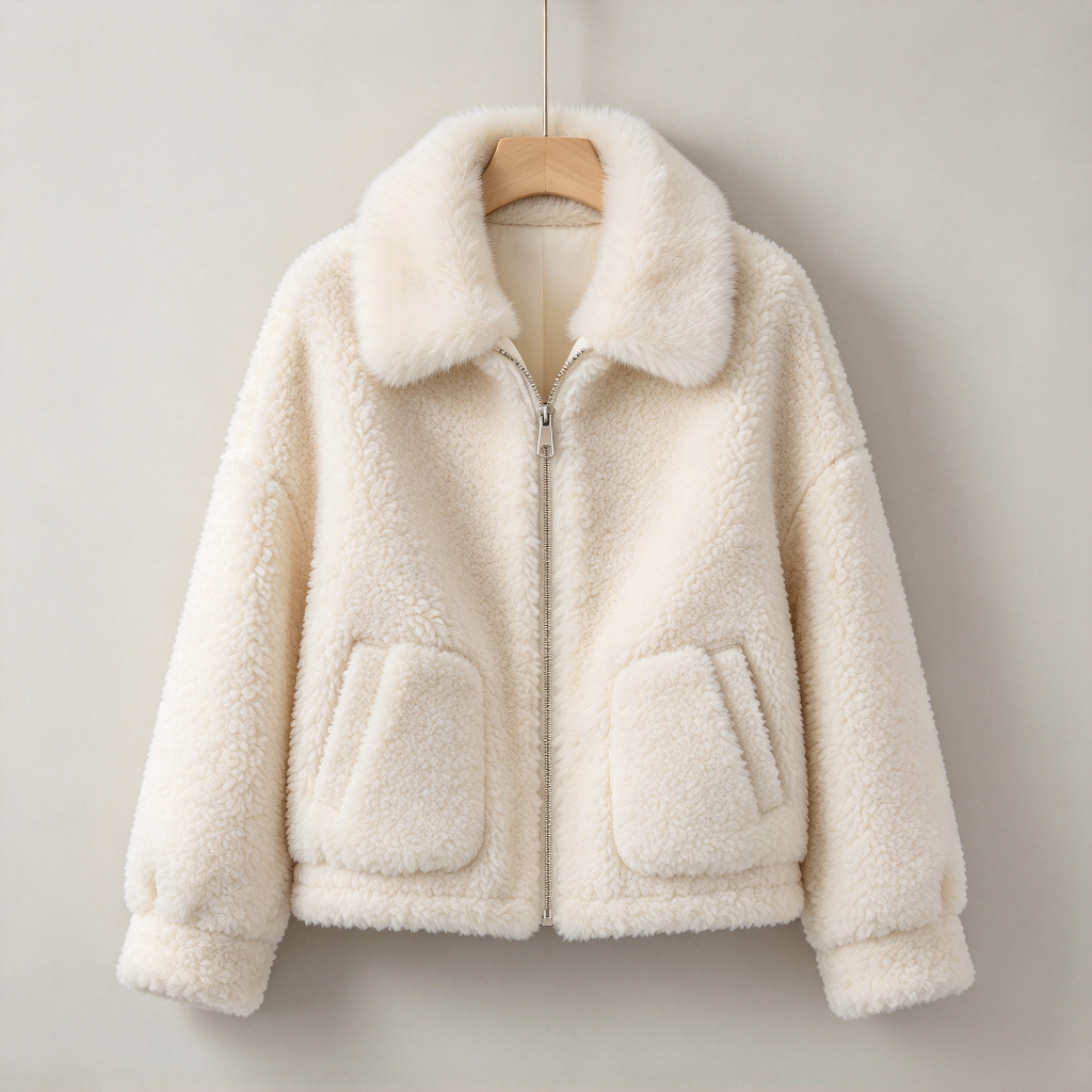 Women's Cream Teddy Fleece Zip Jacket - Faux Shearling Collar Winter Coat