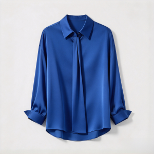 Women's Royal Blue Satin Button-Up Blouse - Long Sleeve Silky Shirt