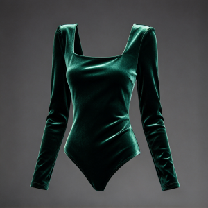 Women's Emerald Green Velvet Long Sleeve Bodysuit - Square Neck Stretch Top