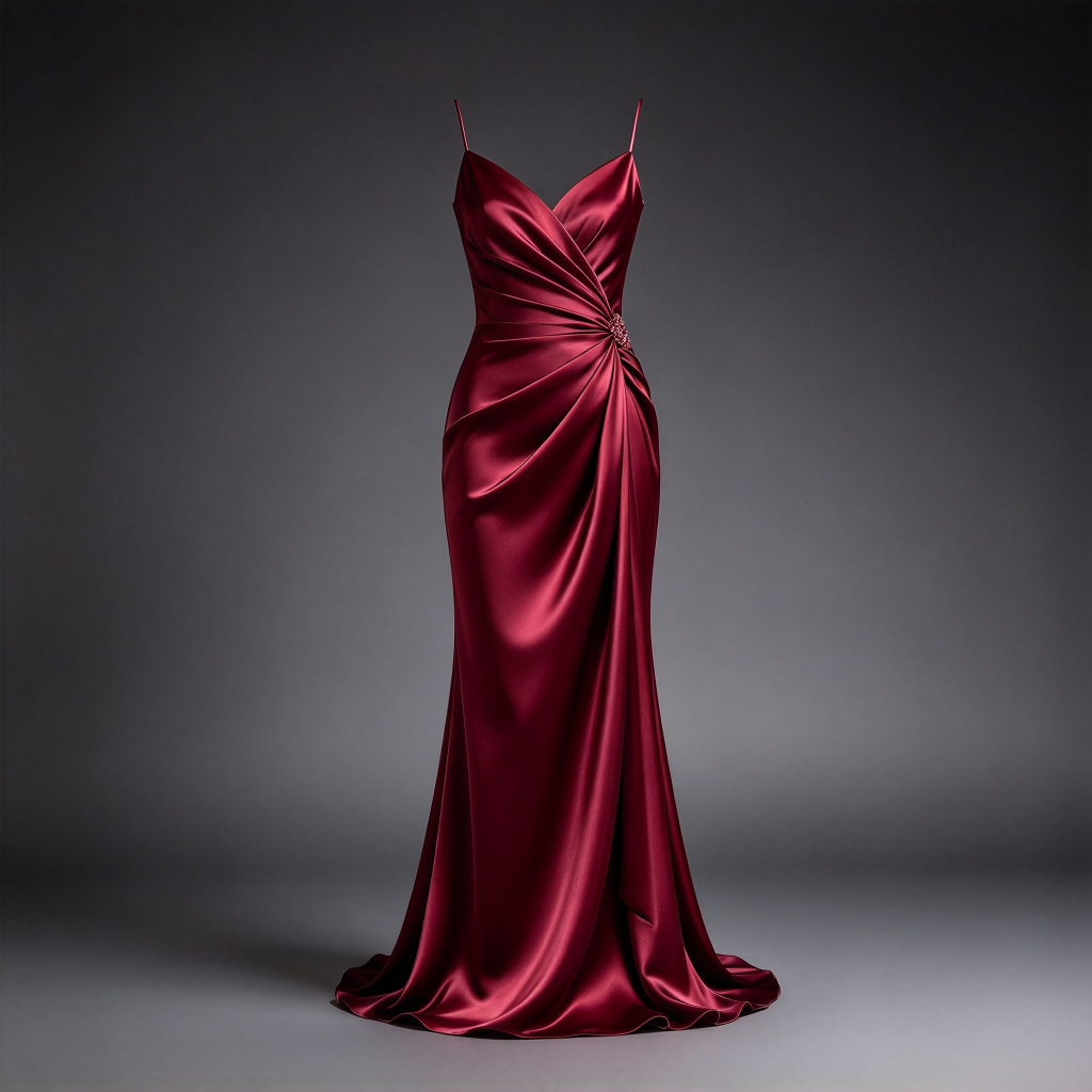 Women's Burgundy Satin Evening Dress - Draped Slip Maxi Gown