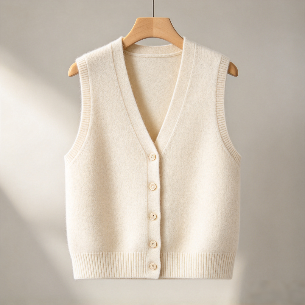 Women's Cream Knit V-Neck Button Vest - Sleeveless Cardigan Sweater Vest