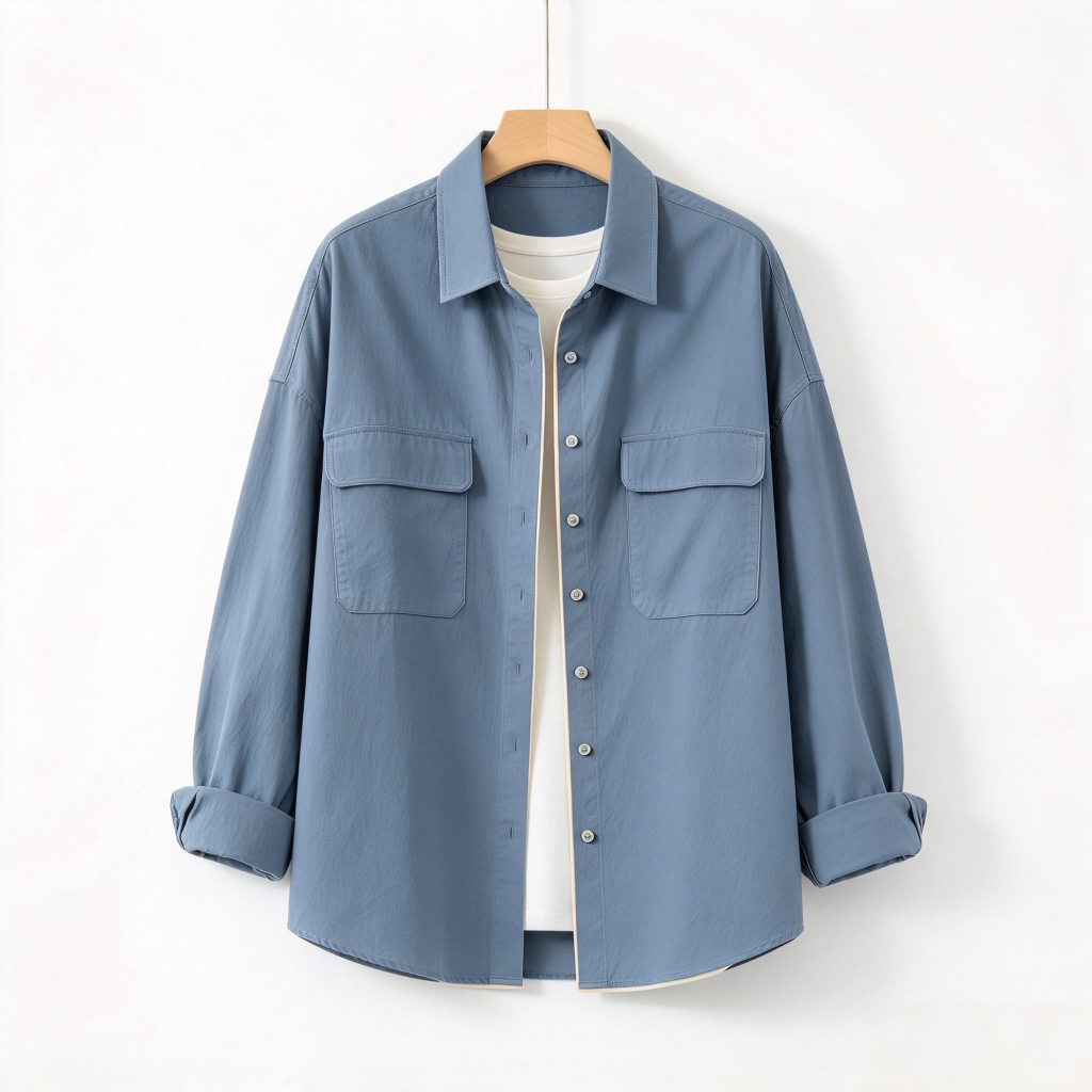 Women's Dusty Blue Overshirt Jacket - Relaxed Fit Chest Pocket Shirt Jacket