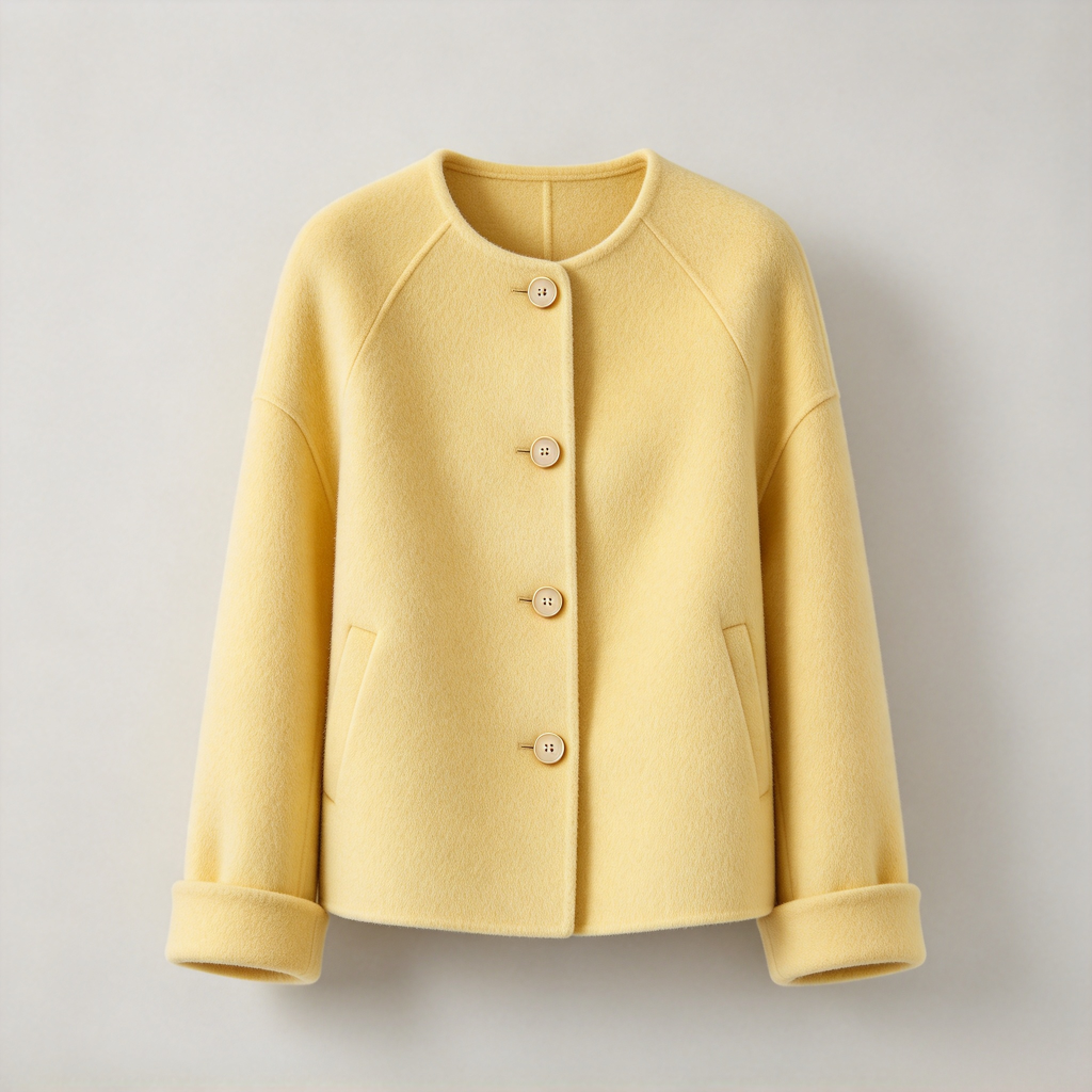 Women's Butter Yellow Collarless Wool-Blend Jacket - Button Front Short Coat
