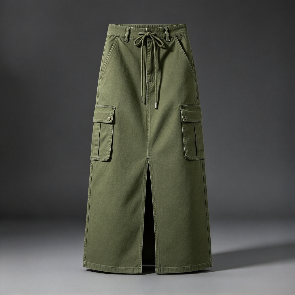 Women's Olive Green Cargo Maxi Skirt - Drawstring Waist Pocket Long Skirt with Slit